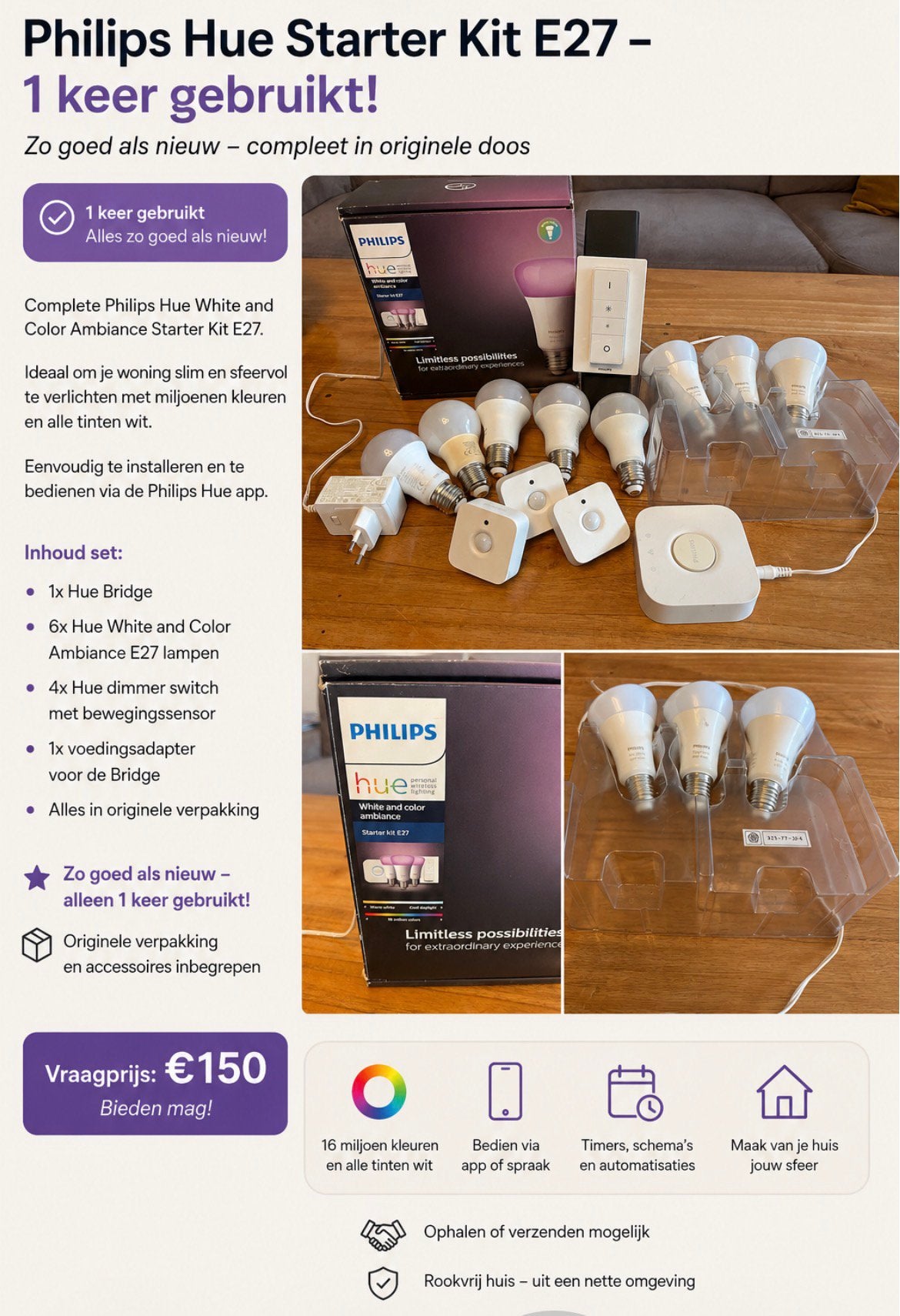 Philips Hue complete set – 6 E27 lampen + Bridge +3 sensoren, Huis en Inrichting, Lampen | Overige, Ophalen of Verzenden, Zo goed als nieuw