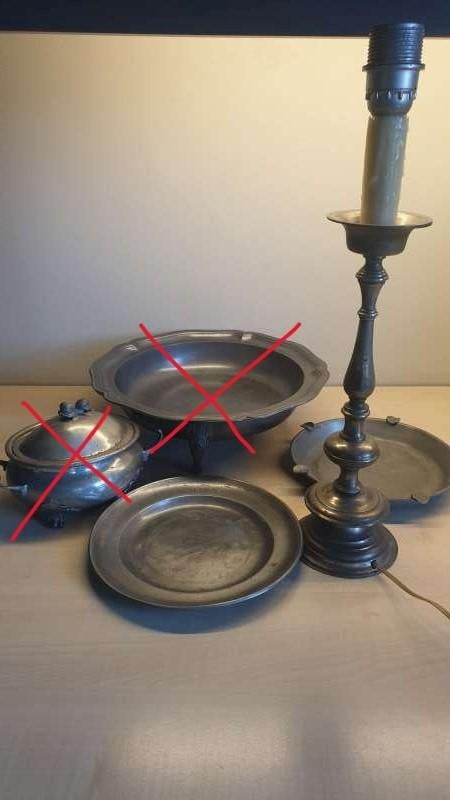 3 tinnen objecten : sierbord, asbak, voet lampadaire, Antiek en Kunst, Ophalen