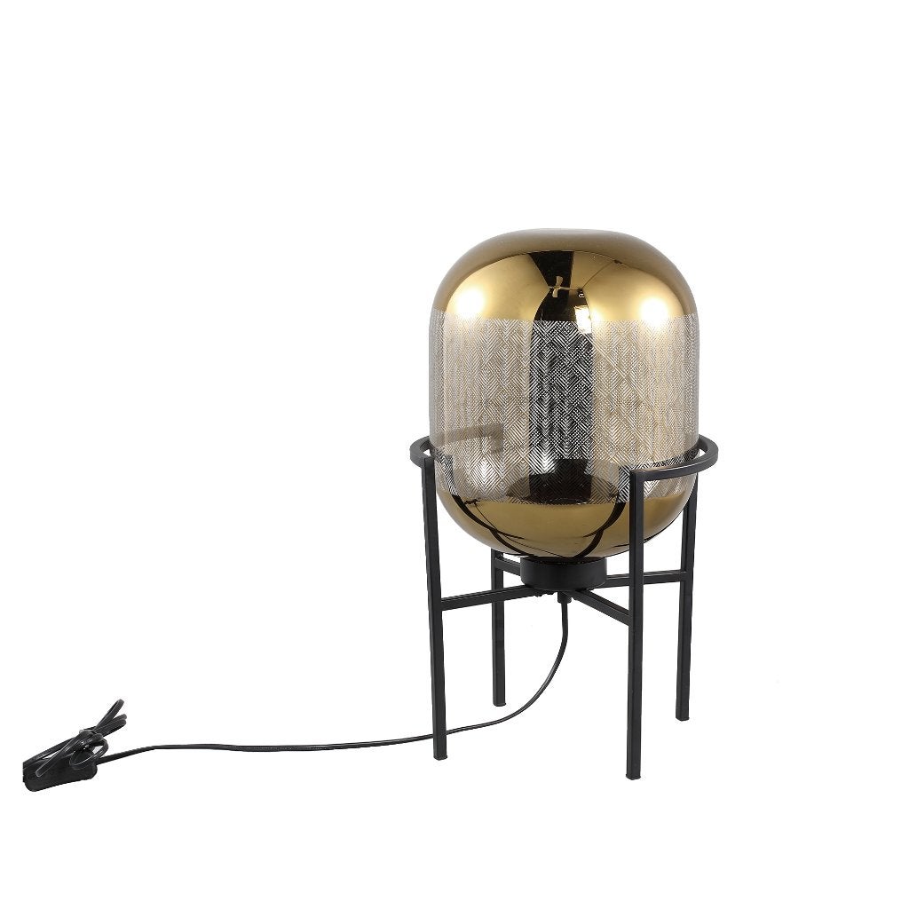 NIEUWE TAFELLAMP GOUD met zwart metalen voet GLAZEN LAMP, Boho, Nieuw, Ophalen of Verzenden, Goud