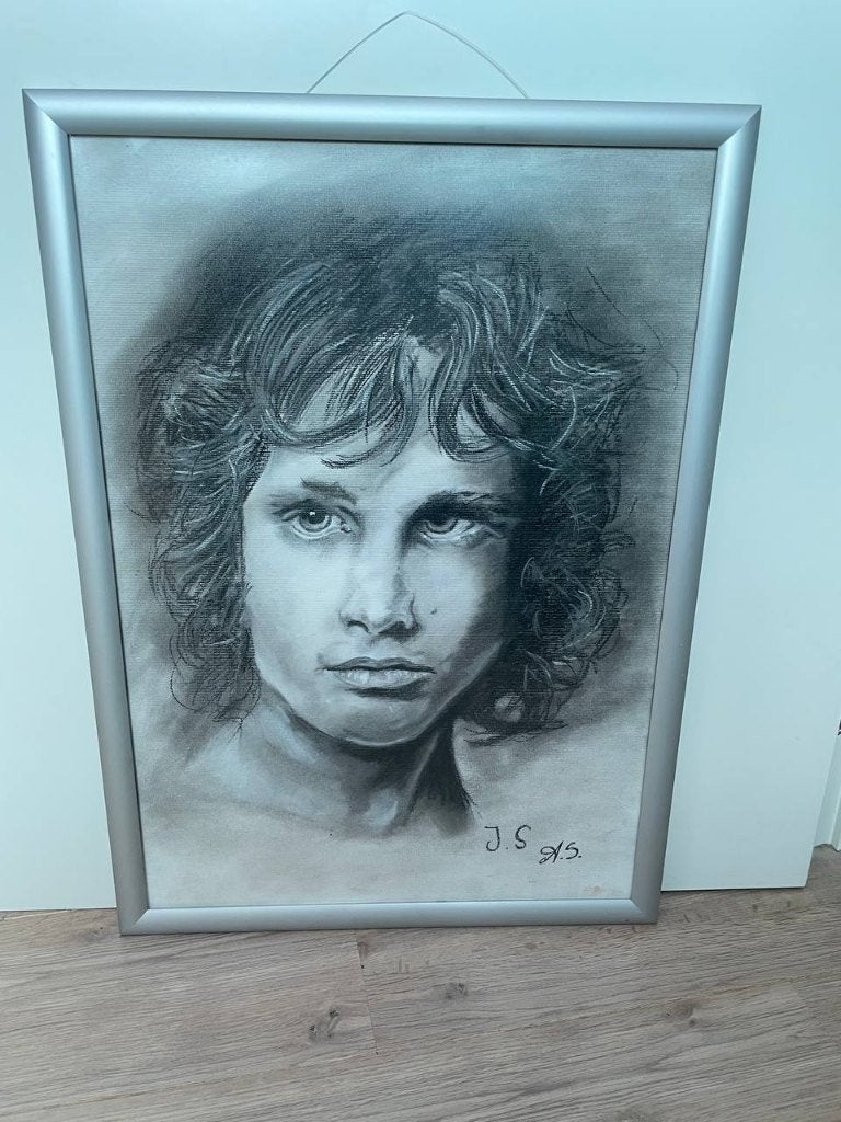 Houtskooltekening Jim Morrison – ingekaderd en gesigneerd, Antiquités & Art, Enlèvement, Dessin, Dessin au fusain, Signé