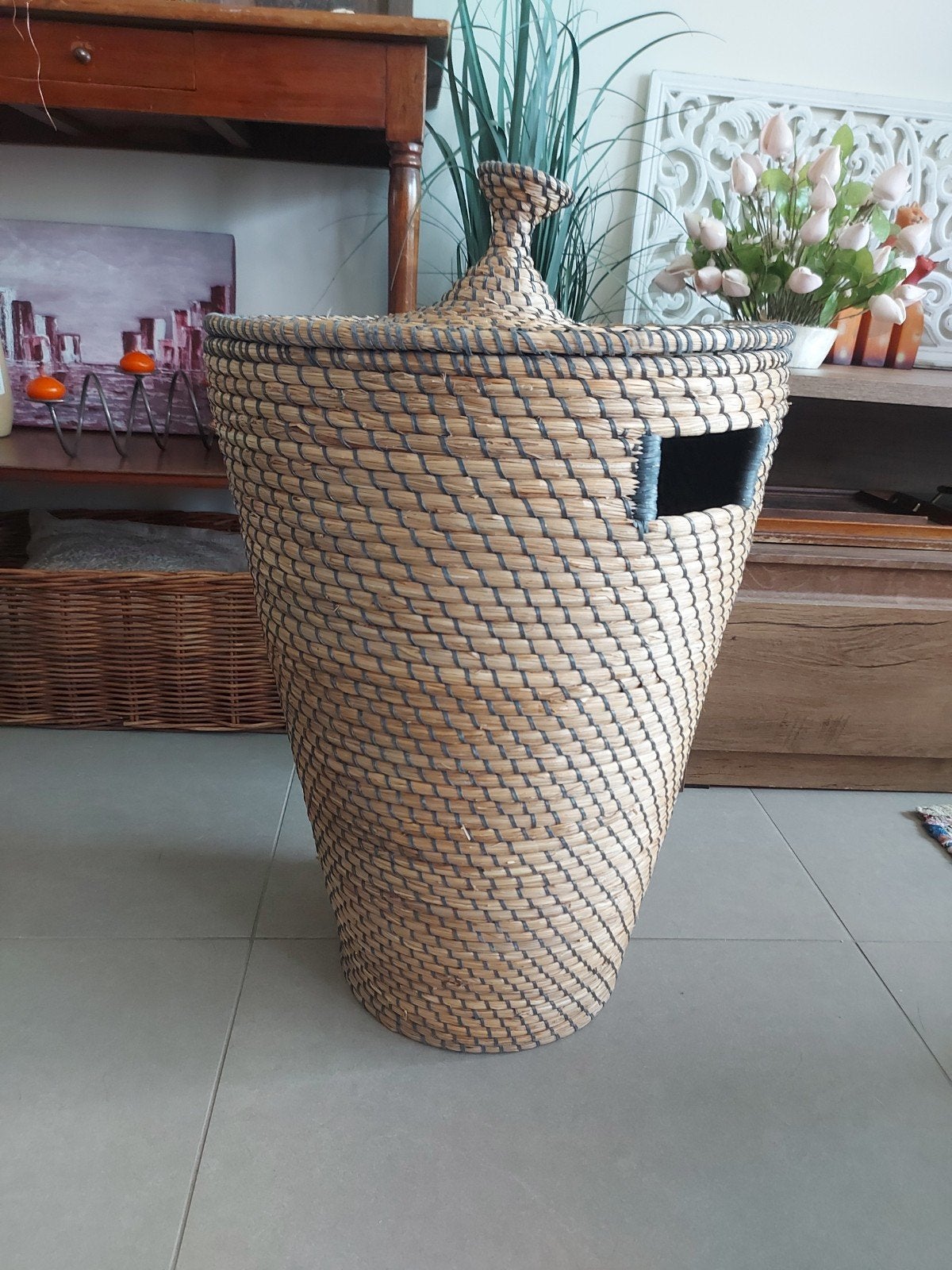 Rieten mand met deksel, Enlèvement, Panier, Avec couvercle