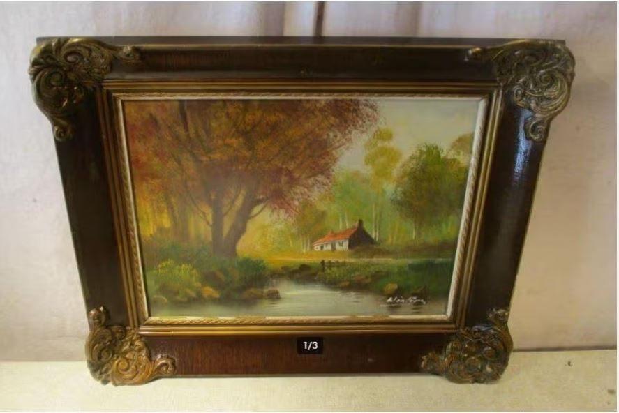 Mooi Oud Geschilderd Werk 'Huisje en Rivier' - gesign, Ophalen of Verzenden