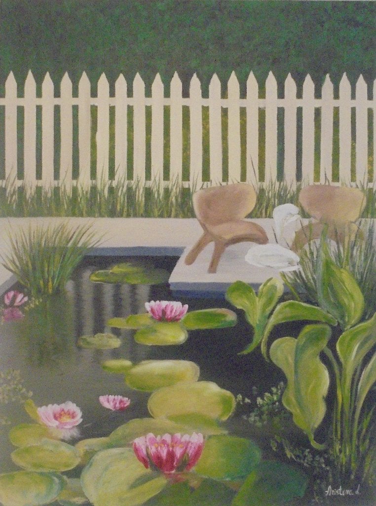 peinture à l'huile jardin avec étang (60x80), Enlèvement ou Envoi, Peinture à l'huile, Signé, Fleurs
