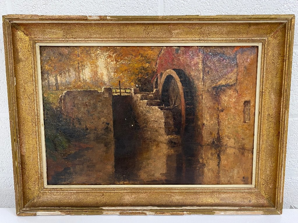 Tableau "Vieux moulin sur le molenbeek", Signé, Enlèvement, Paysage urbain / rural, Toile