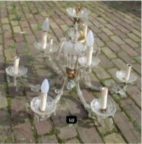 Mooie Antieke Glazen Luchter met 9 lichtpunten, Ophalen
