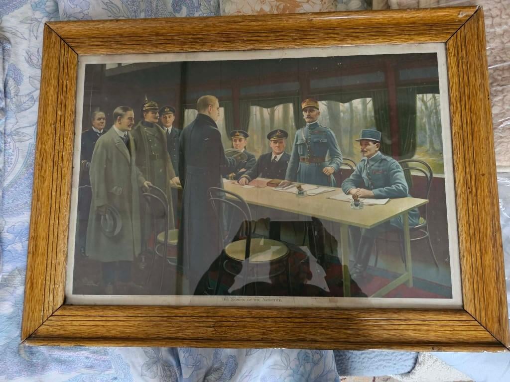 Oude kader met tekening ondertekening wapenstilstand 1918, Antiquités & Art, Curiosités & Brocante, Enlèvement