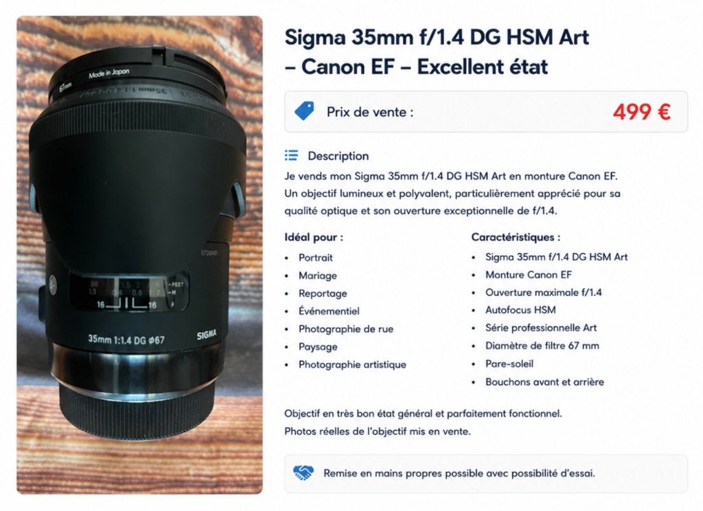 Sigma 35mm f/1.4 DG HSM Art - Canon EF - Excellent état, TV, Hi-fi & Vidéo, 85 mm, Canon, Autofocus, Téléobjectif