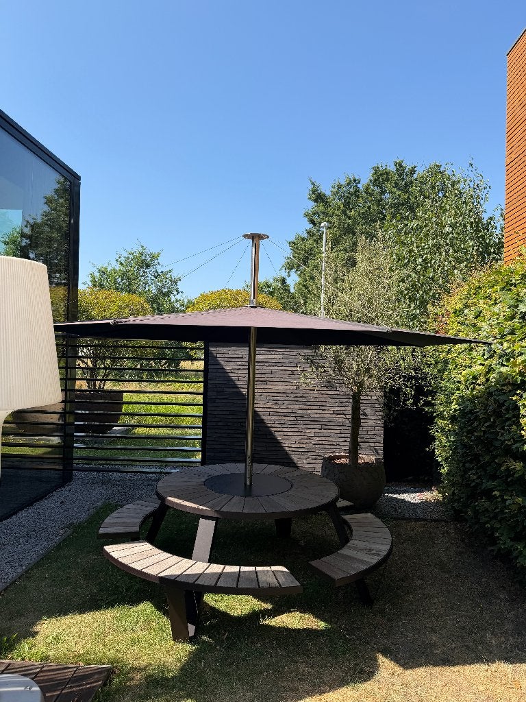 Extremis Pantagruel picknicktafel + grote Inumbra parasol, Ophalen, Zo goed als nieuw, Rond, Aluminium