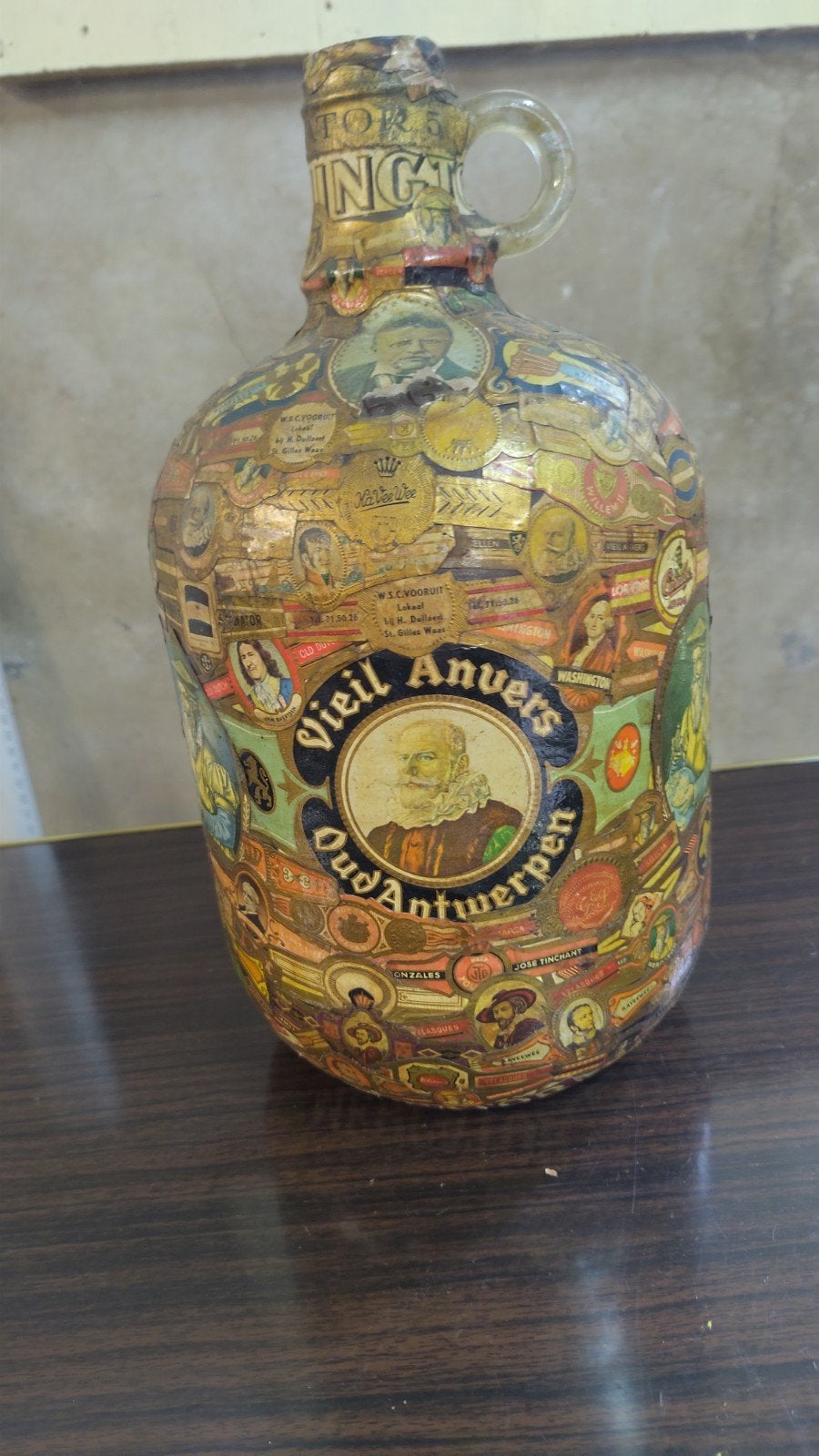 Vintage decoupage gistfles of gedecoreerde Dame Jeanne, Ophalen, 29 cm, Gebruikt, Handgemaakt