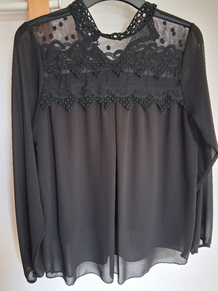 Zwarte synthetische blouse met kant, Gérard Pasquier L/XL, Ophalen, Gérard Pasquier, Zwart, Maat 42/44 (L)