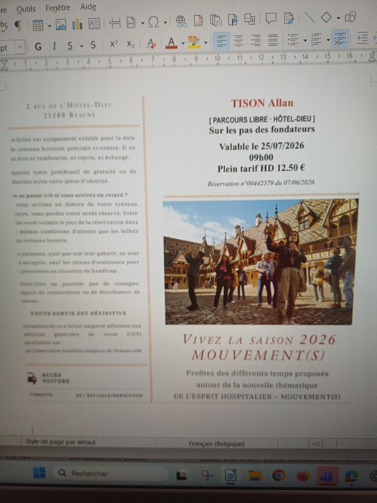 2 tickets Hospices de Beaune, Tickets & Billets, Billets & Tickets Autre