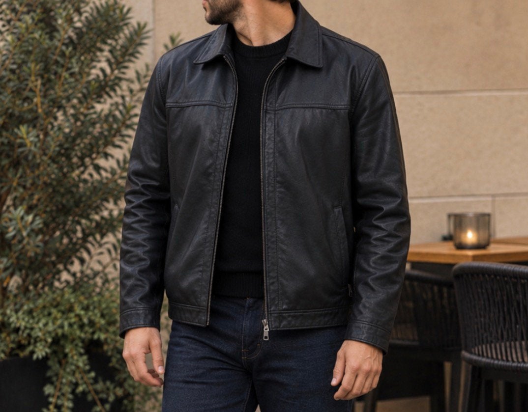 Zwarte jas van 100% leer 27, Kleding | Heren, Verzenden, Zo goed als nieuw, Maat 56/58 (XL), Zwart