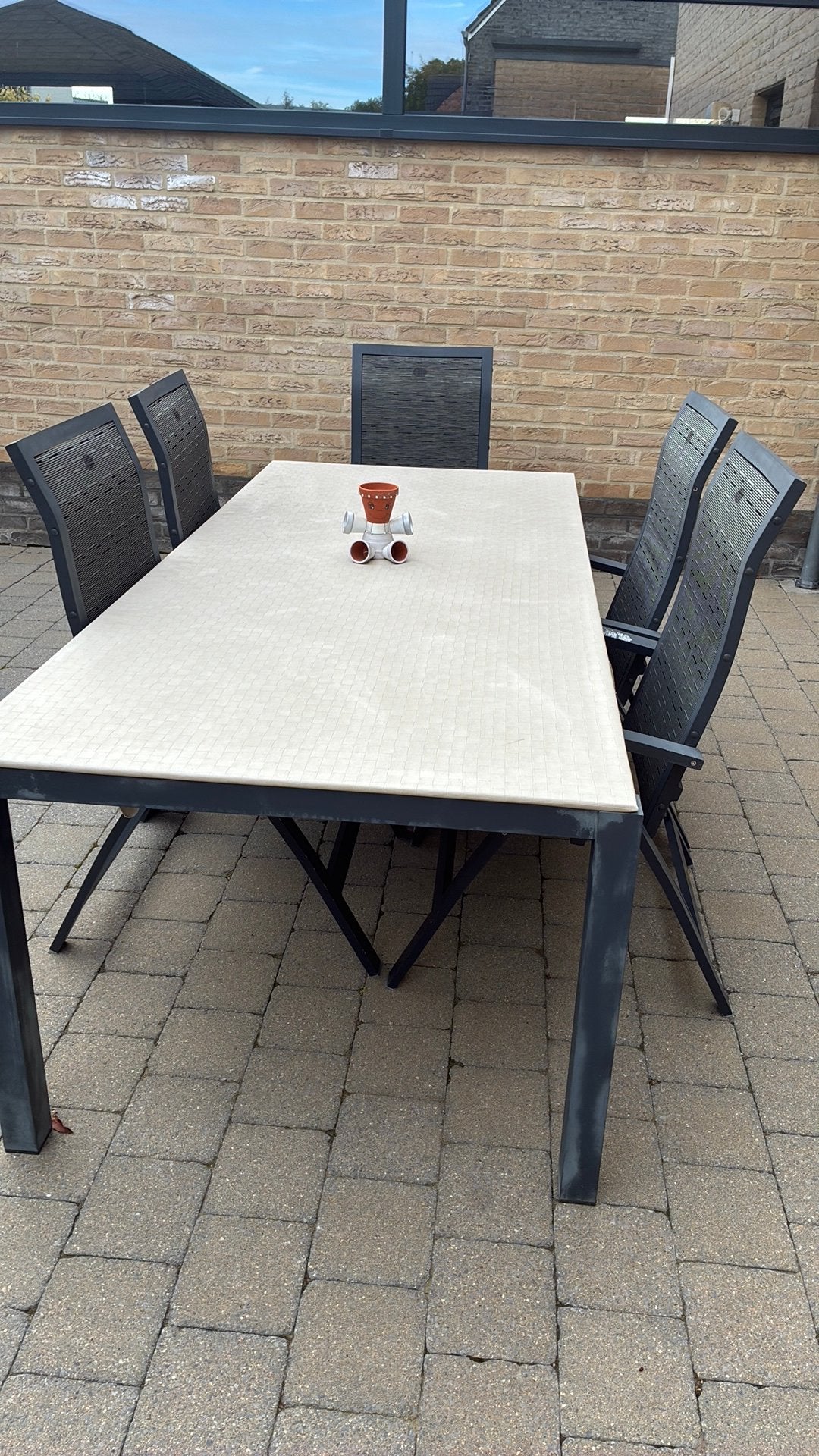 Blauwe tuintafel met stoelen, Tuin en Terras, Ophalen, Gebruikt, 4 zitplaatsen, Tuinset