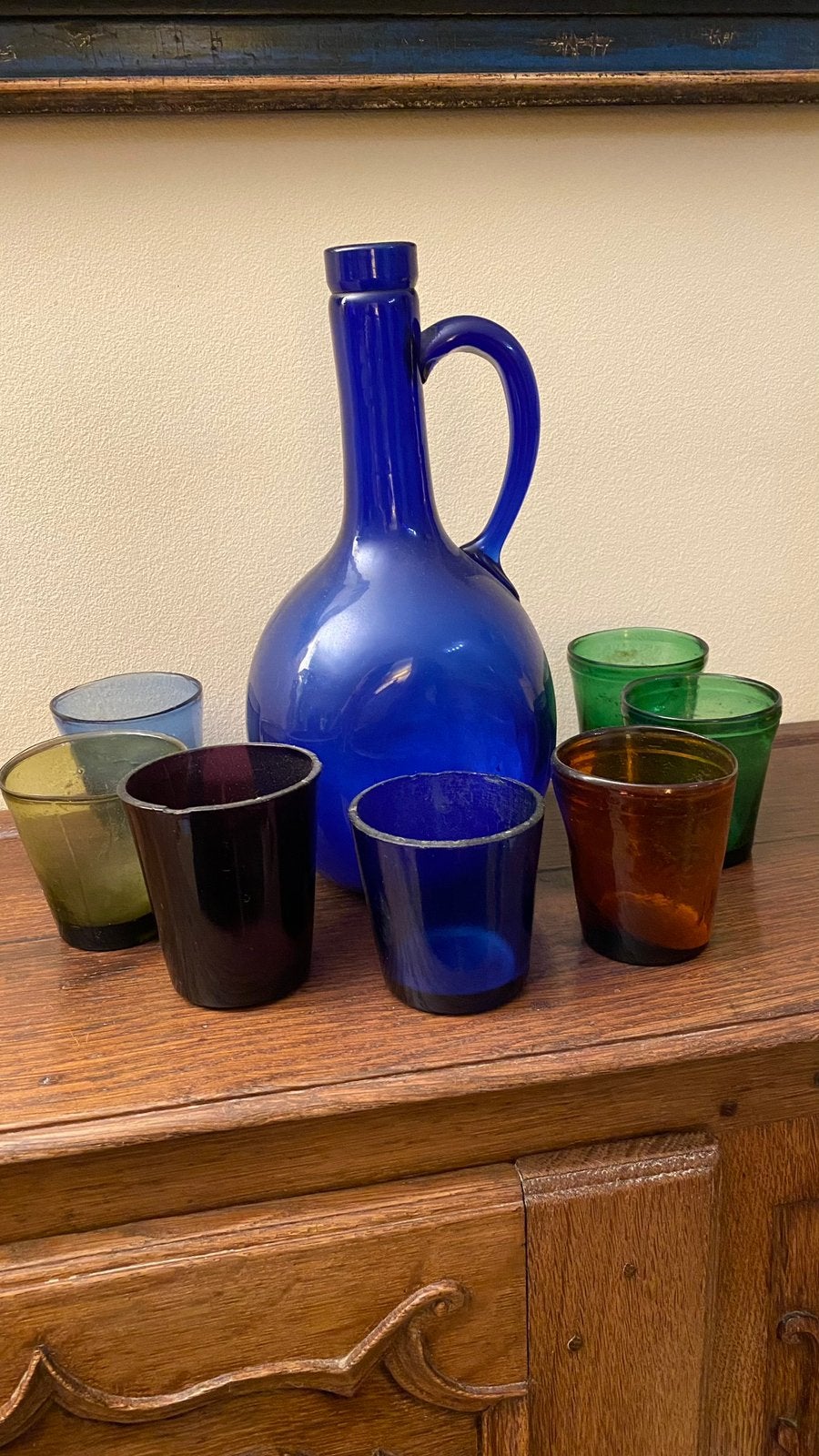 Ensemble en verre soufflé coloré Bouteille bleue & 7 verres, Enlèvement