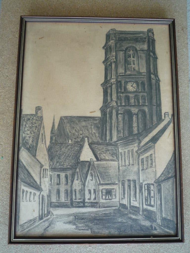 Houtskooltekening Lissewege, Antiek en Kunst, Ophalen, Stads- / dorpsgezicht