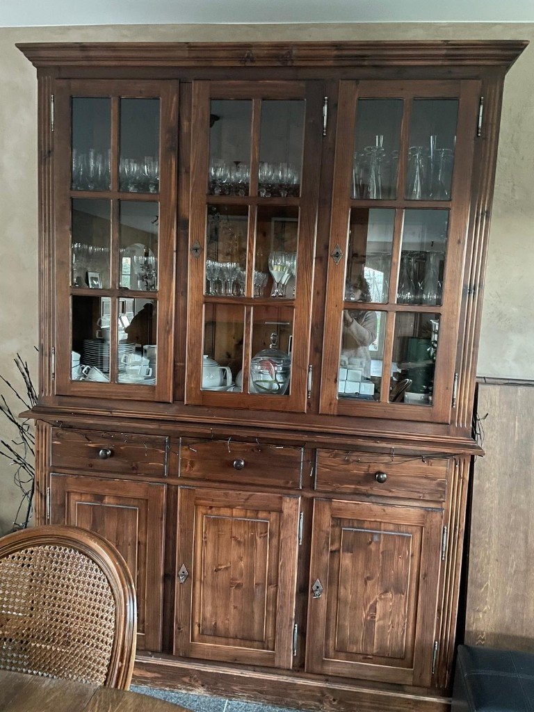 Massief grenen buffetkast / vitrinekast in landelijke stijl, Pin, 25 à 50 cm, 150 à 200 cm, Enlèvement