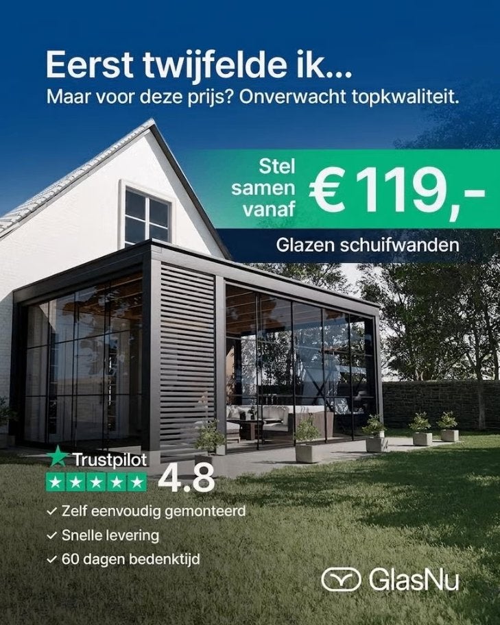 Glazen Schuifwanden voor Terrasoverkapping Vanaf 119,-, Garantie, Enkel of Dubbel glas