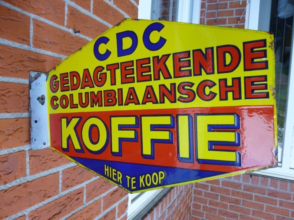EMAILLE RECLAMEBORD"CDC COLOMBIAANSCHE KOFFIE"UIT 1933, Ophalen of Verzenden, Gebruikt, Reclamebord