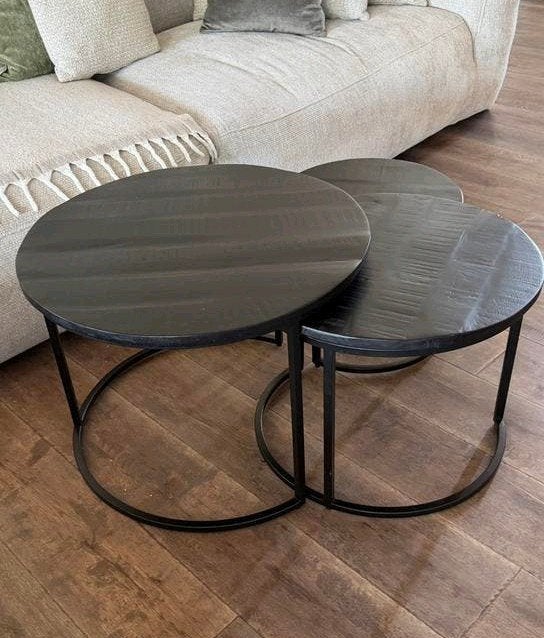 Set van 3 ronde salontafels – zwart grof mangohout en metaal, Ophalen, Zo goed als nieuw, Rond, Overige houtsoorten