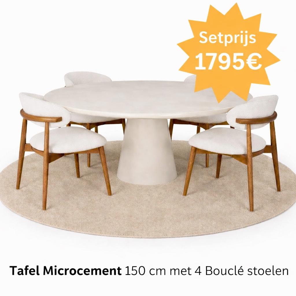 Tafel Microcement 150 cm  met 4 Bouclé stoelen, Huis en Inrichting, Ophalen, Overige materialen, 150 tot 200 cm, Rond
