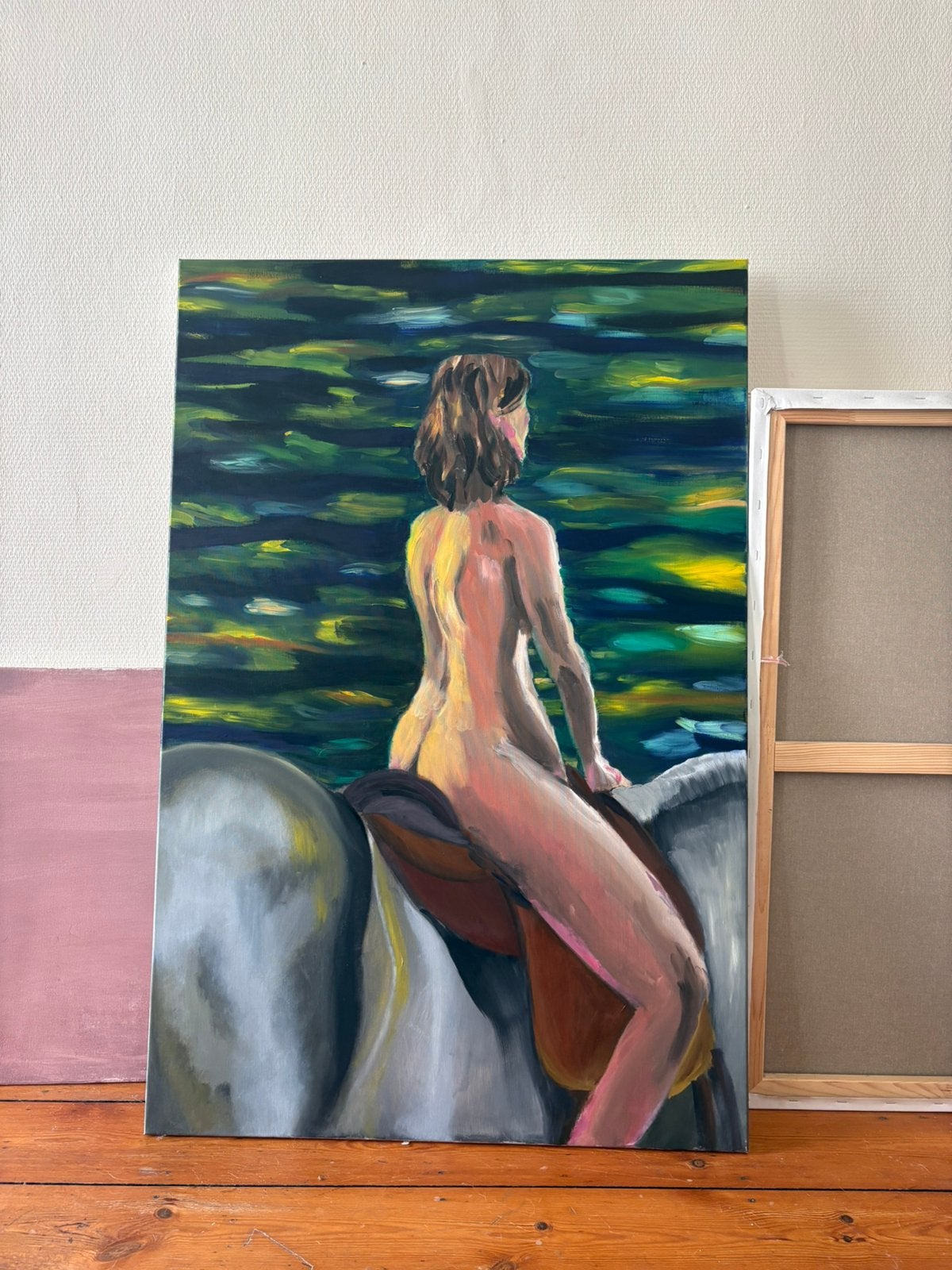 Groot schilderij naakt op paard 80x120, Enlèvement, Peinture à l'huile