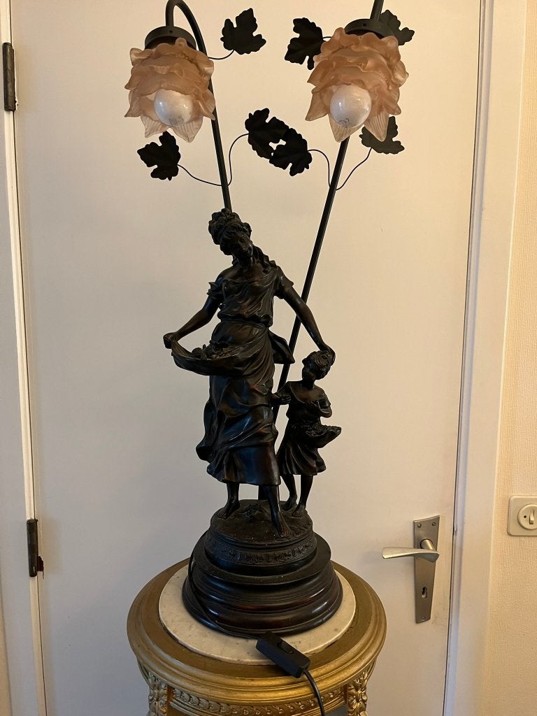 Statue en bronze bergère avec enfant - 2 lumières - 80 cm, Enlèvement ou Envoi