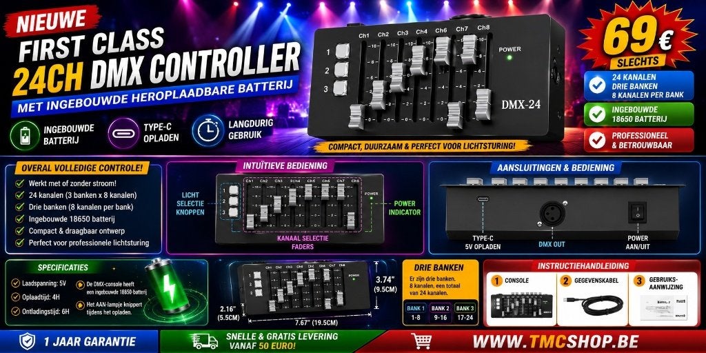 Nieuwe First Class 24ch Dmx controller Met Batterij, Muziek en Instrumenten, Ophalen of Verzenden, Nieuw, Licht, Geluidgestuurd
