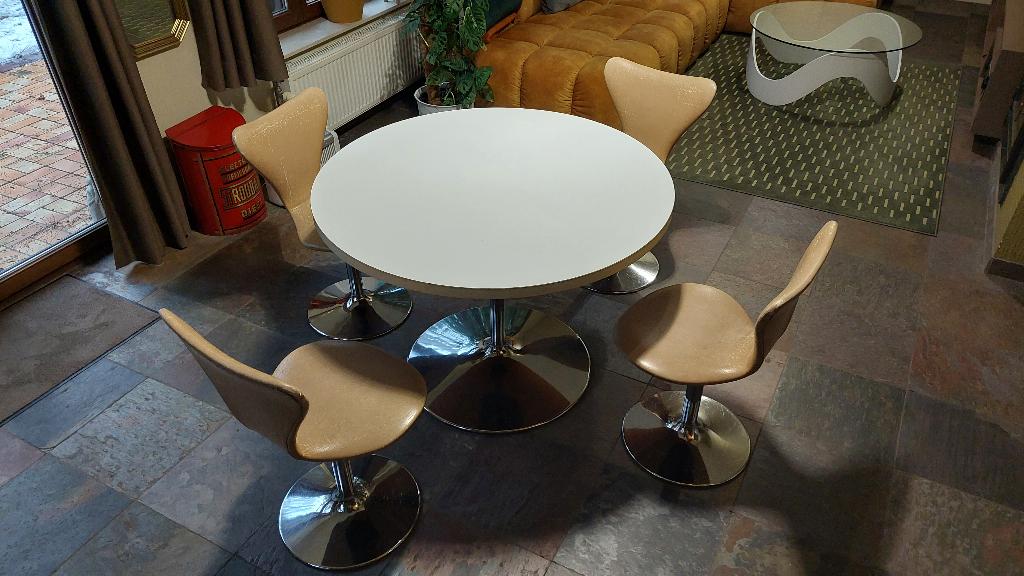 Vintage eettafel en stoelen, Vintage retro sixties seventies, 100 à 150 cm, Quatre personnes, Rond