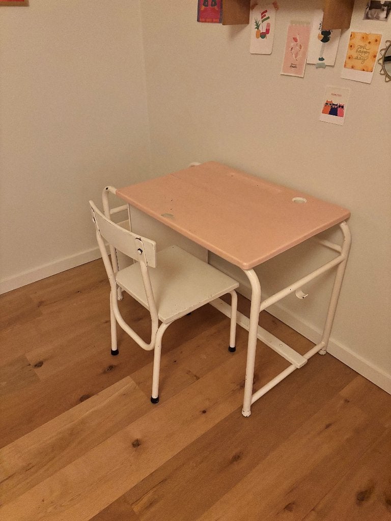 bureau écolier vintage avec sa chaise, Blanc, Enlèvement, Utilisé