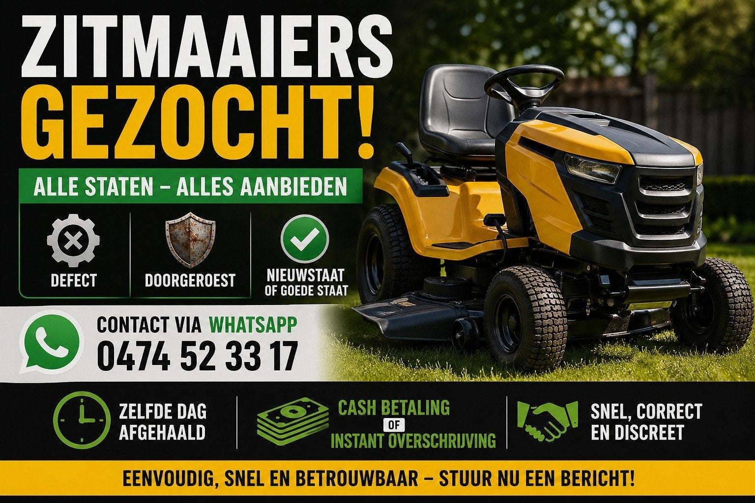 zitmaaier👉gezocht🚨elke staat defect doorgeroest nieuwstaat, Tuin en Terras, Zitmaaiers, Ophalen