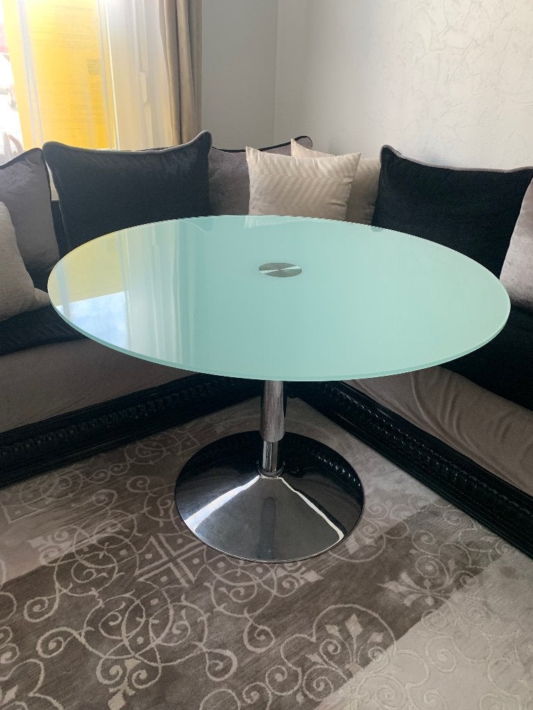 Ronde glazen tafel diameter 110, Ophalen, Gebruikt, Glas, 100 tot 150 cm