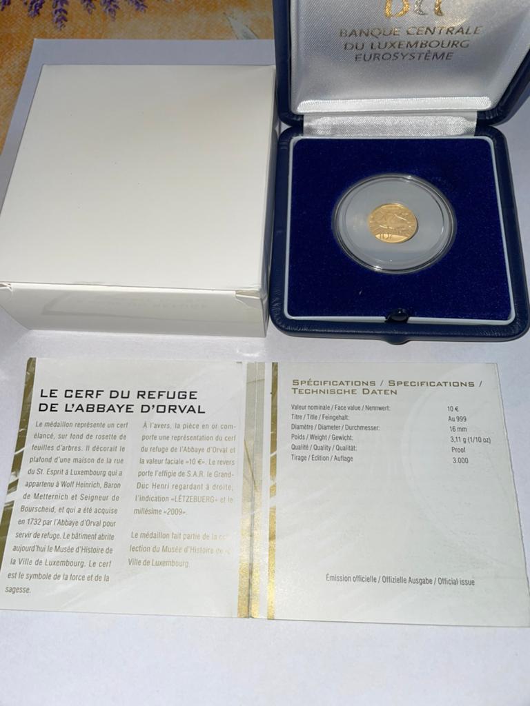 10€ lux OR le cerfdurefuge d'Orval 1/10 OZ Gold 999 * proof, Enlèvement ou Envoi, Or