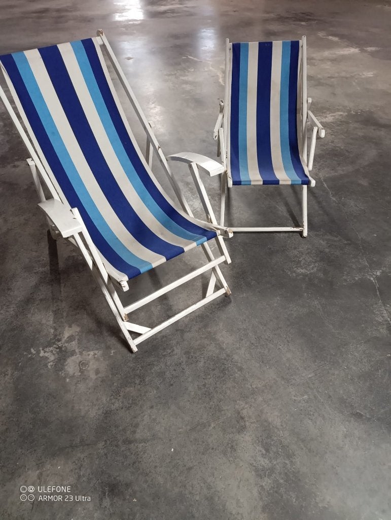 2 vintage strandstoelen / strandzetels, Tuin en Terras, Tuinstoelen, Ophalen, Gebruikt, Hout, Verstelbaar