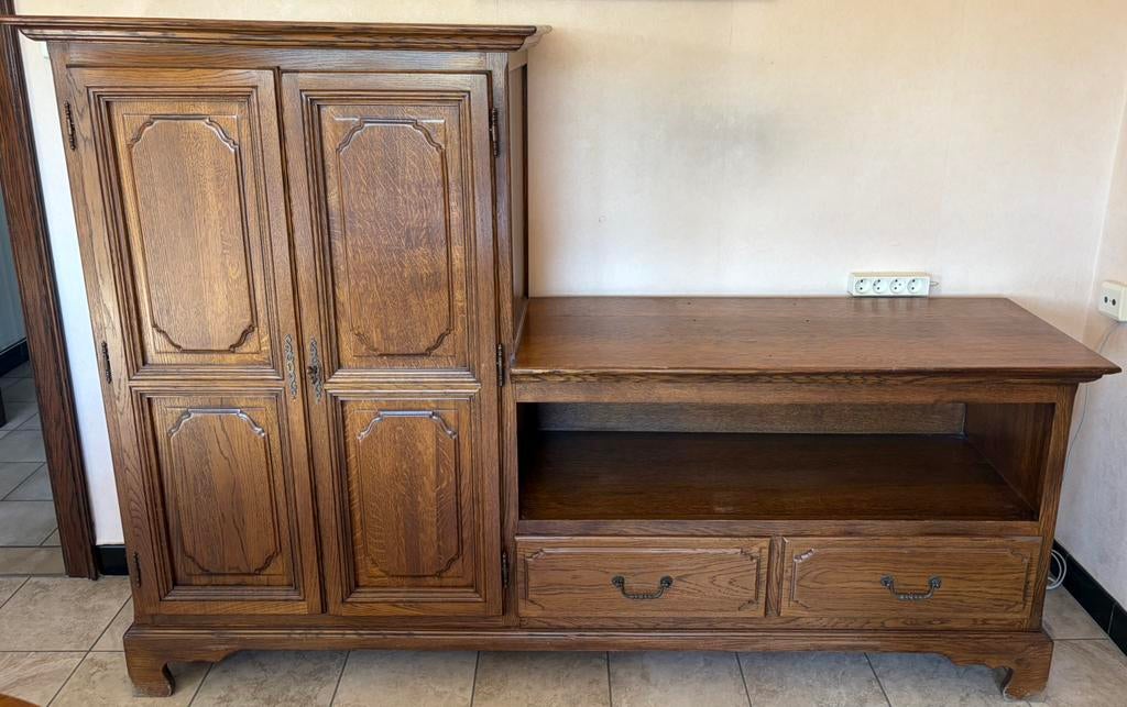 Houten kast met TV stuk, Huis en Inrichting, Kasten |Televisiemeubels, Ophalen, Gebruikt, 150 tot 200 cm, Eikenhout
