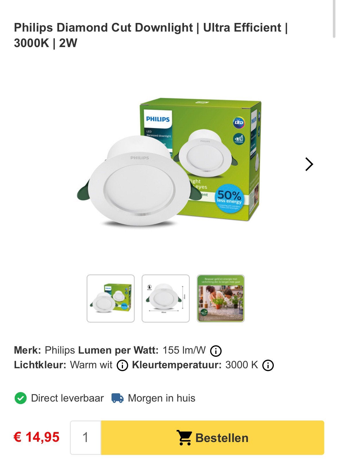 Philips Diamond Cut Downlight | Ultra Efficient | 3000K | 2W, LED, Philips, Blanc, Comme neuf