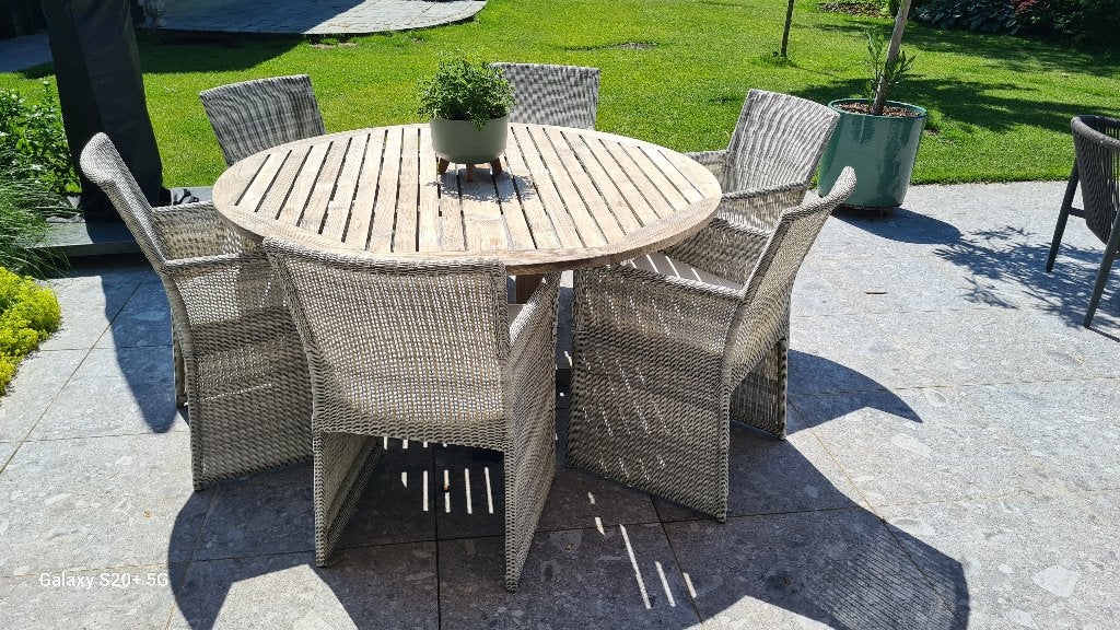 Tuintafel teak met 6 stoelen, Enlèvement, Utilisé, Rond, Bois