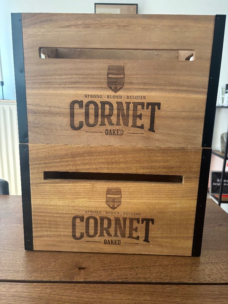 houten bak vilthouder en 2 glazen cornet, Verzamelen, Ophalen, Zo goed als nieuw, Glas of Glazen, Overige merken