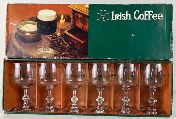 6 Irish Coffee glazen in originele doos 1970, Verzamelen, Glas en Drinkglazen, Ophalen, Zo goed als nieuw