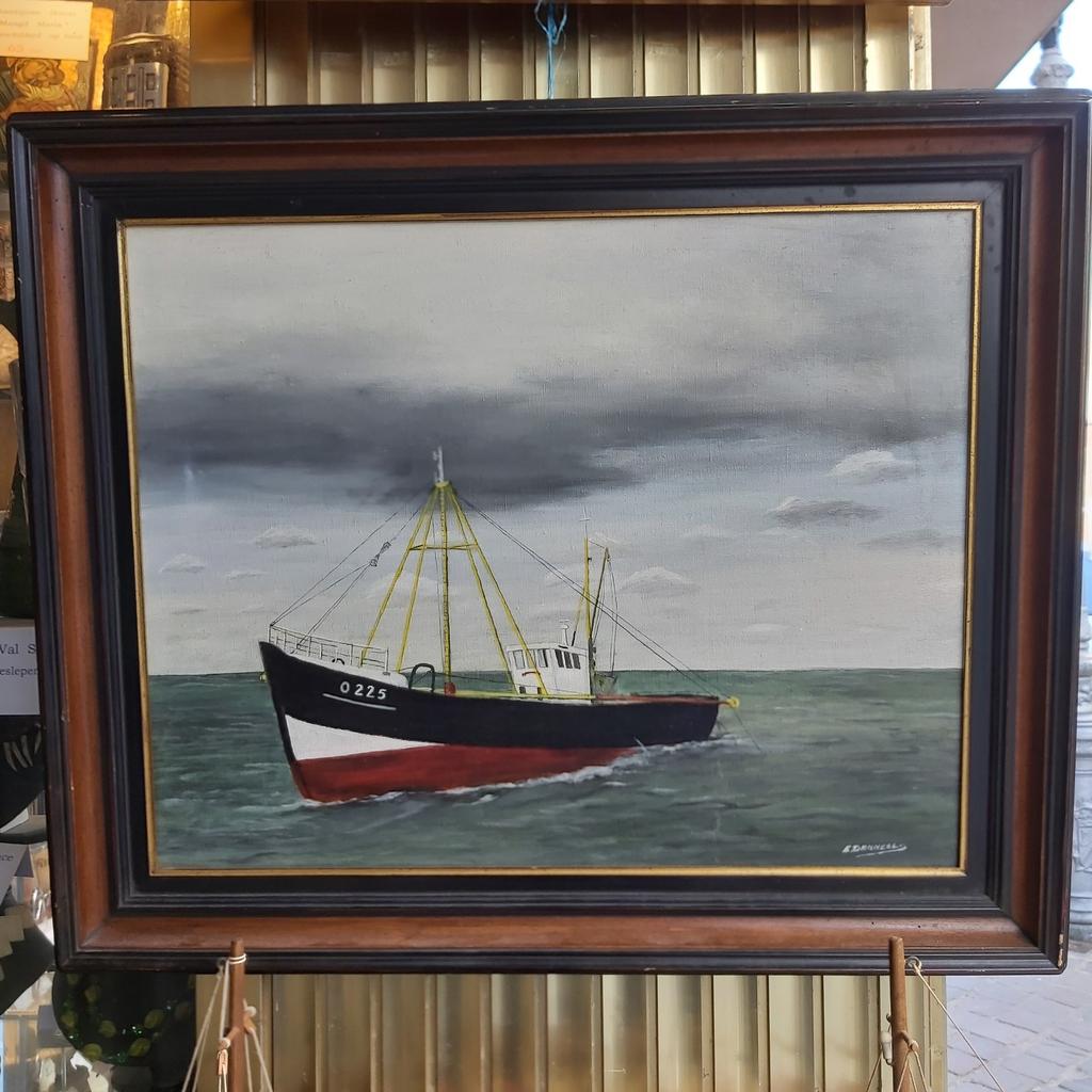 Bateau de pêche Ostende, peinture à l'huile, toile E. Dannee, Enlèvement