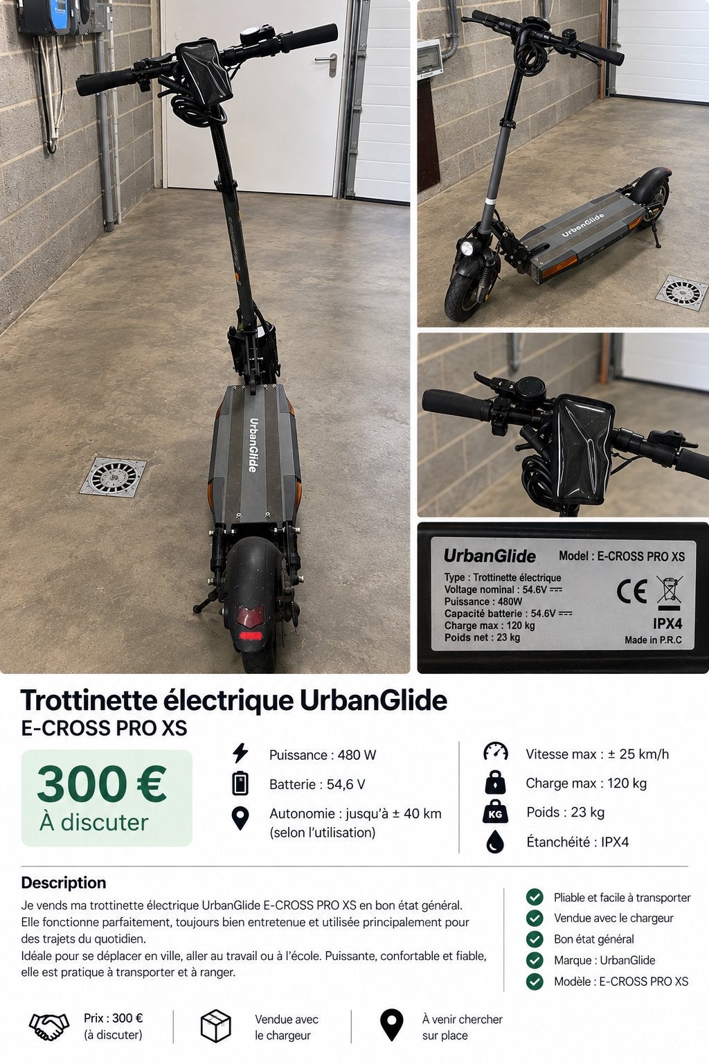 Trottinette électrique UrbanGlide E-CROSS PRO XS – 480W, Enlèvement, Neuf, Step électrique (E-scooter)