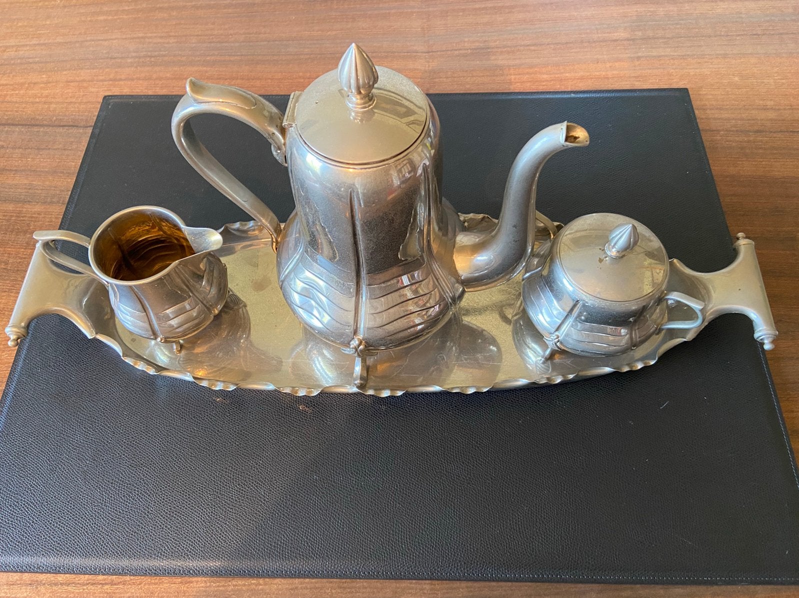 Prachtig 4 delig Art Deco Theeservies Lehman 2/8 , 1,6 kg, Ophalen, Met opstaande rand, Zo goed als nieuw, Dienblad