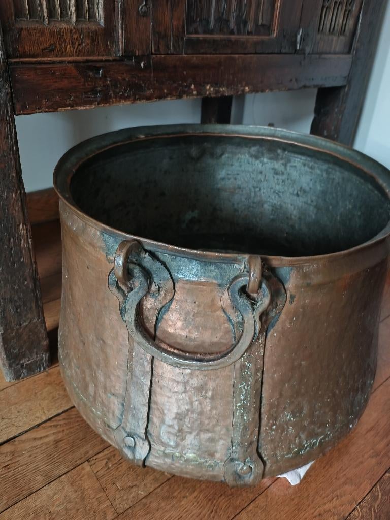 Prachtige Antieke Koperen Houtbak met Smeedijzeren Hengsel, Ophalen, Koper
