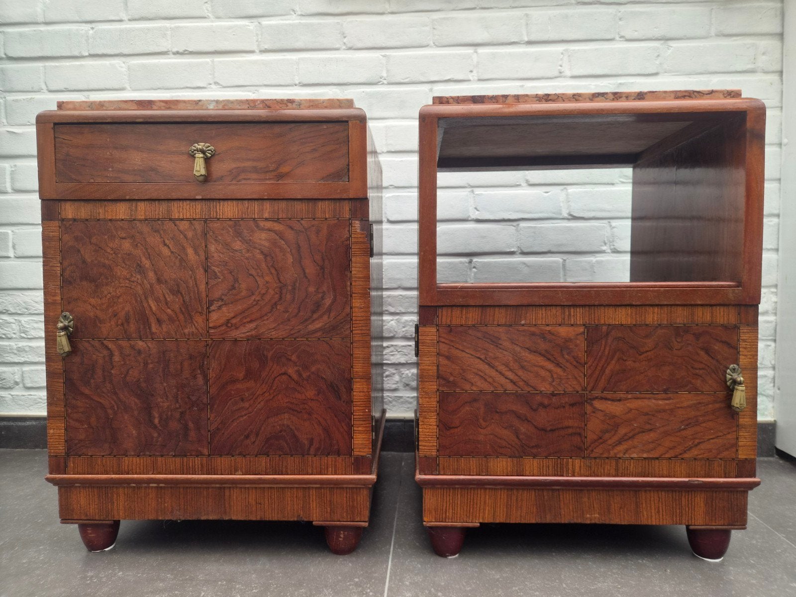 Mooie houten vintage nachtkastjes met marmer tablet, Ophalen, Gebruikt, Hout