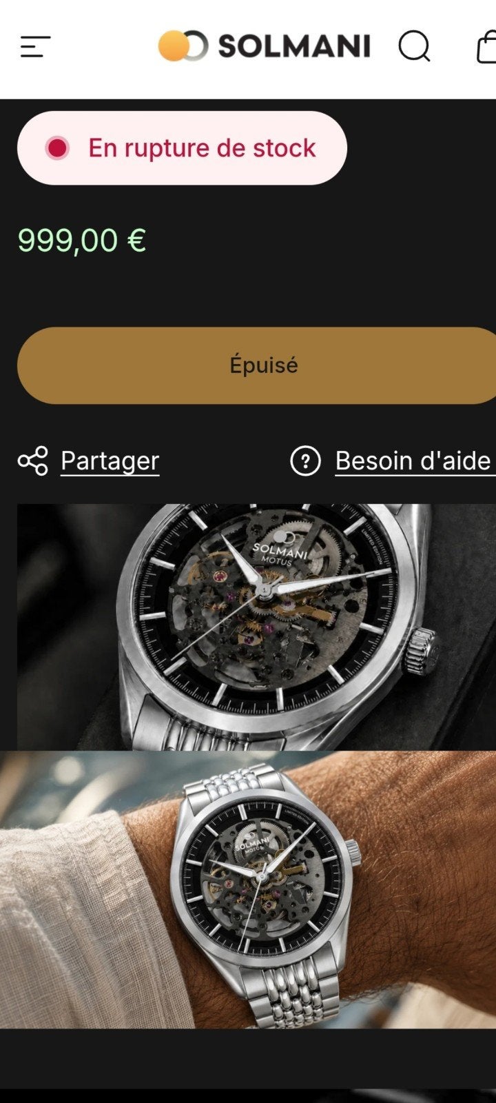 Montre Solmani Motus, Bijoux, Sacs & Beauté, Autres marques, Enlèvement ou Envoi, Acier, Acier