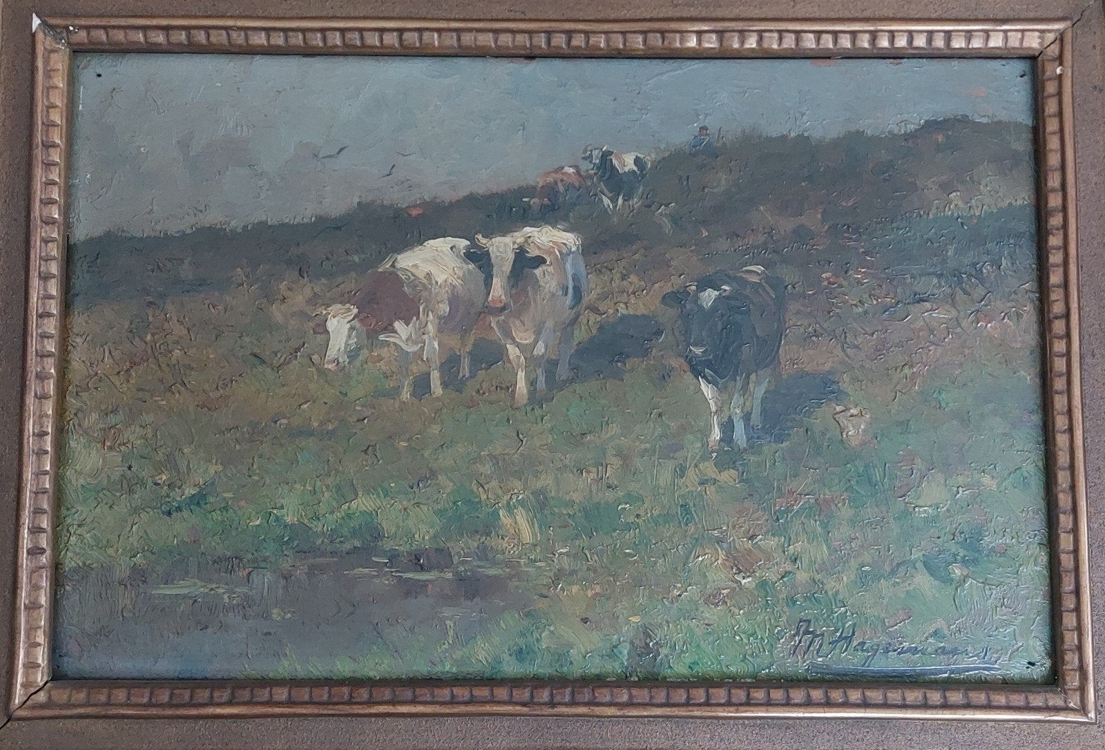 Maurice Hagemans (1852-1917) Schilderij - Grazende Koeien, Paneel, Dieren, Ophalen of Verzenden, Gesigneerd