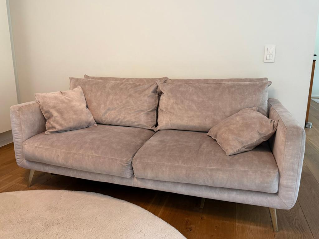 Zetel in beige fluweel - 2m breed, Huis en Inrichting, Zetels | Zetels, Ophalen, 100 tot 125 cm, Driepersoons, Zo goed als nieuw