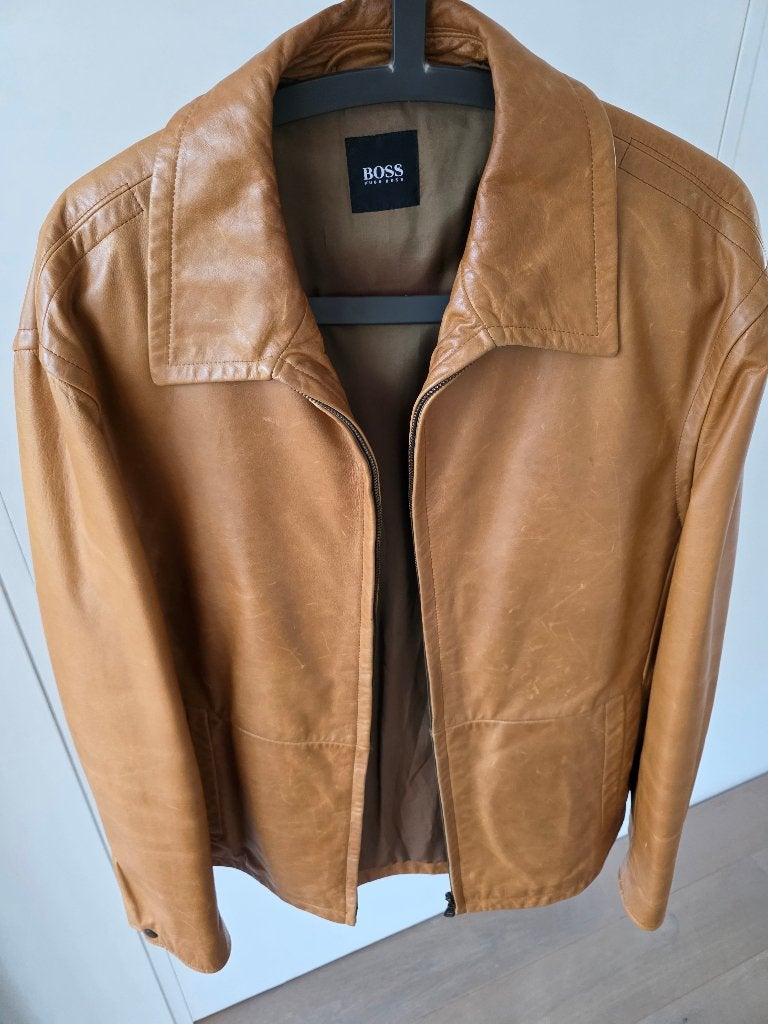 Kalfslederen Jas Hugo Boss - vintage, Maat 52/54 (L), Bruin, Ophalen of Verzenden, Zo goed als nieuw