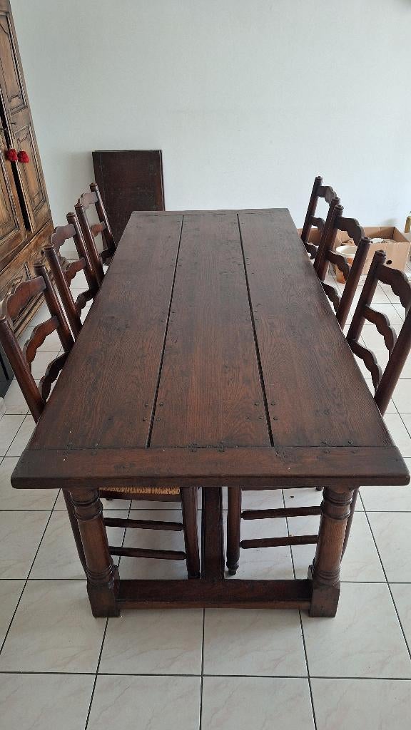Antieke eettafel uit eik + 6 stoelen, Ophalen, Gebruikt, Eikenhout, 200 cm of meer