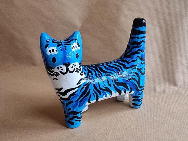 Figurine de chat tigre bleu faite main, Enlèvement, Bleu, Fait main