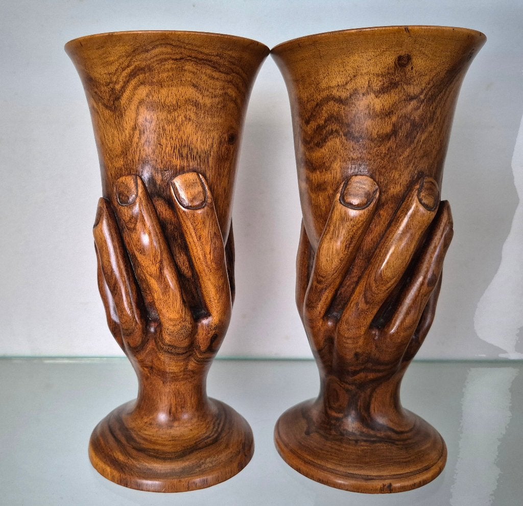 Ensemble de vases en bois sculptés à la main Pitcairn Bounty, Autres styles, Bois, Enlèvement ou Envoi, Brun